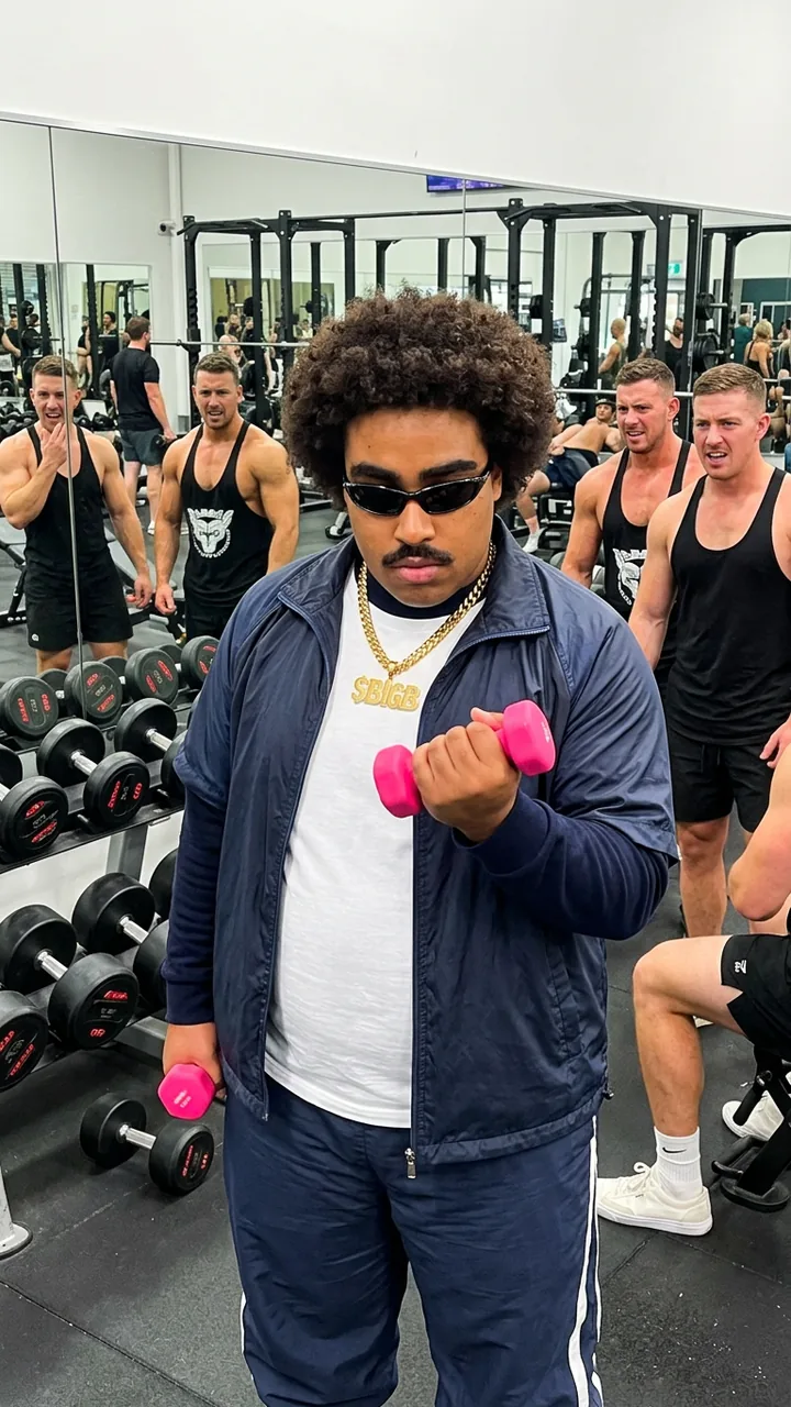 Big Bobby curling a tiny pink dumbbell at the gym while gym regulars stare